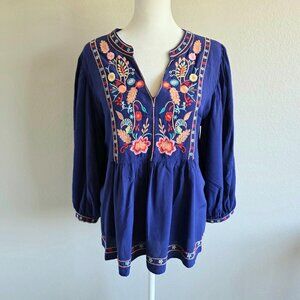 Solitaire Peasant Blouse Colorful Embroidery Size M Bohemian Blue 3/4 Sleeves